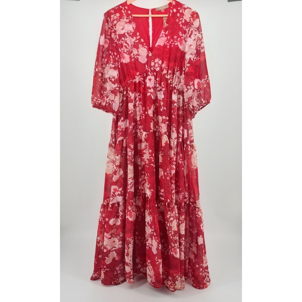 Melonie T Women Red Floral Tiered Maxi Dress V-Neck 3/4 Sleeve 58367MT Size 16